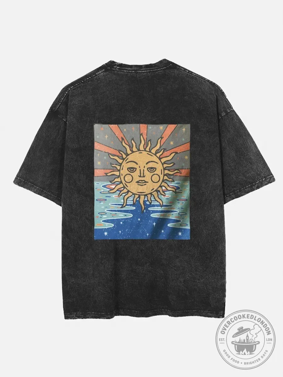 Vintage Sun Inspired Washed Black Graphic Print T-Shirt
