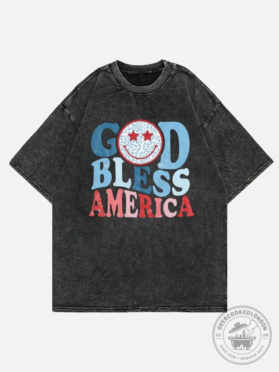 God Bless America Retro Washed Smiley Face Patriotic T-Shirt