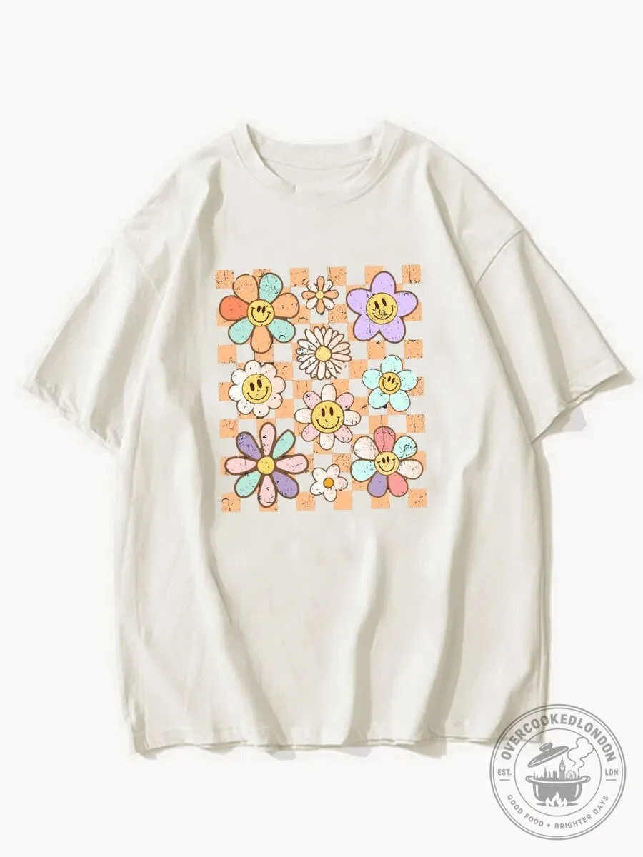 Retro Distressed Checkered Flower Smiley Face Graphic T-Shirt