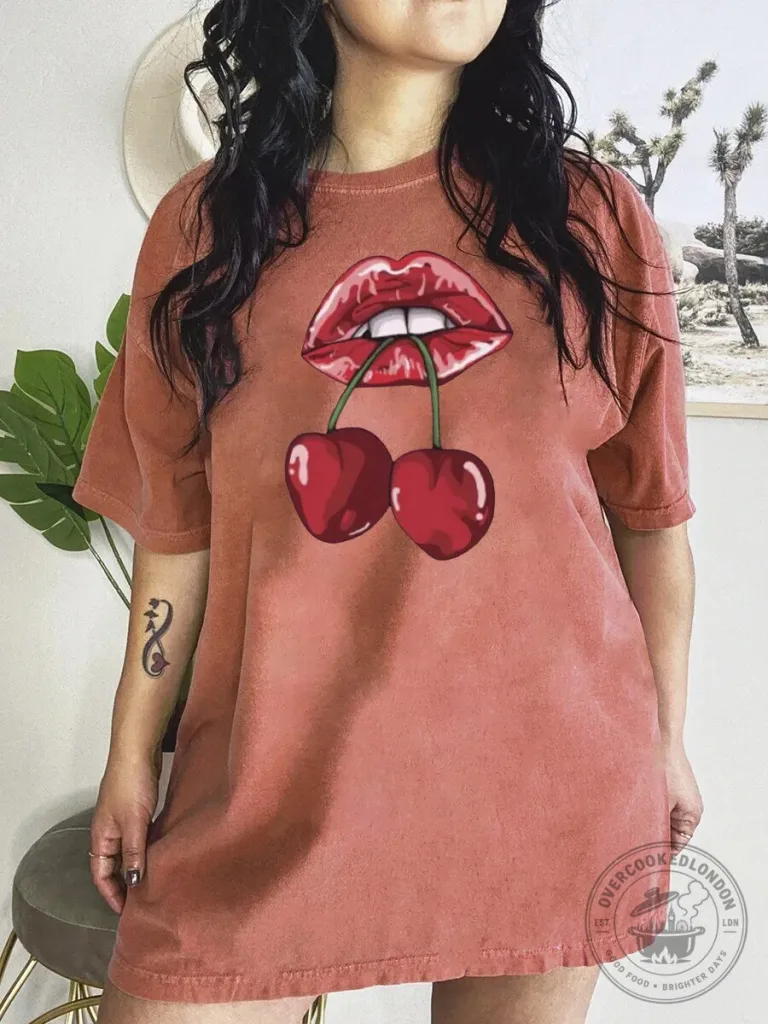 Red Lips Holding Cherry Fruit Graphic Design Women's T-Shirt 3 Red Lips Holding Cherry Fruit Graphic Design Women's T-Shirt