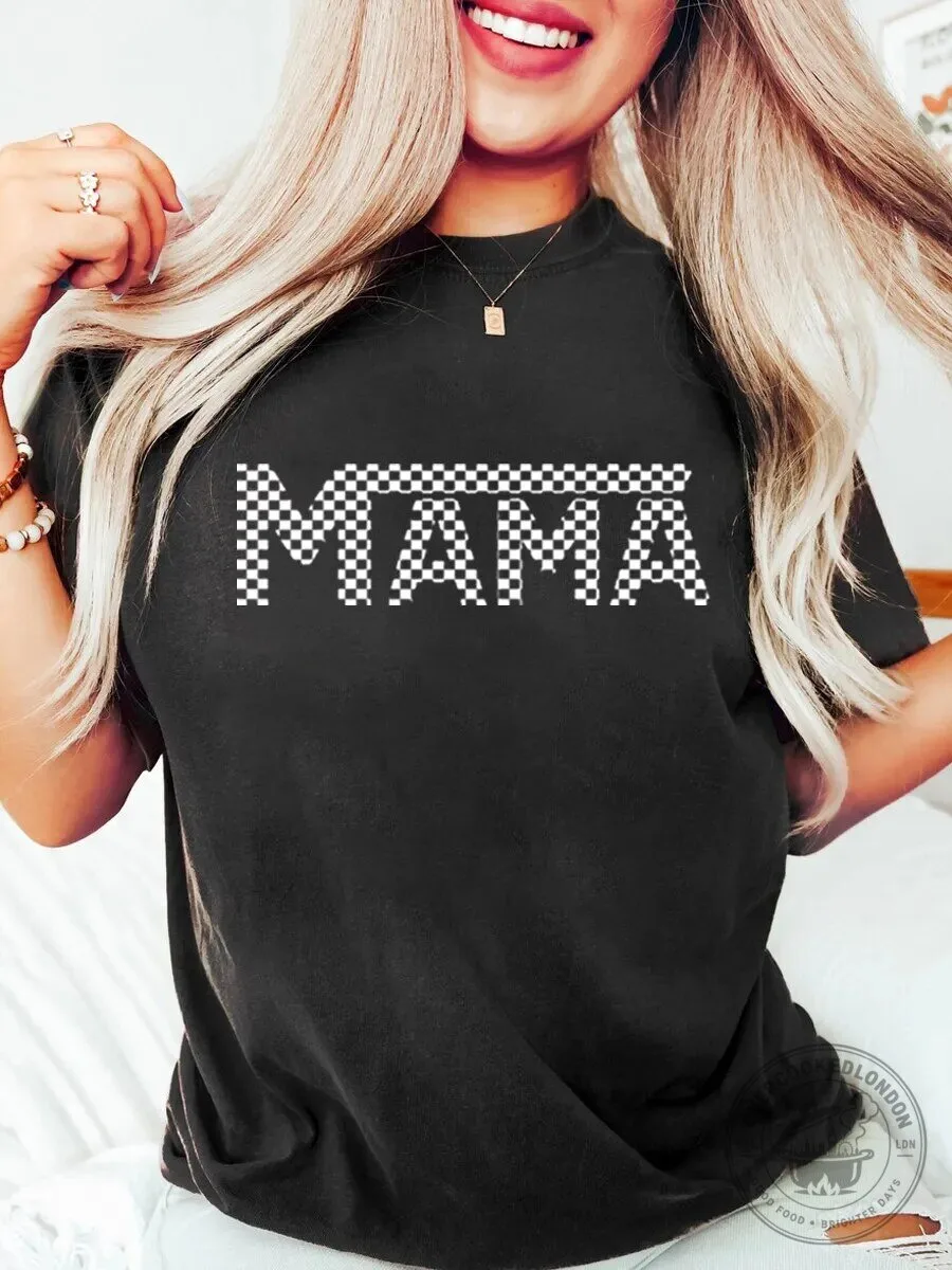 Checkered Mama Racing Flag Style Black Graphic T-Shirt