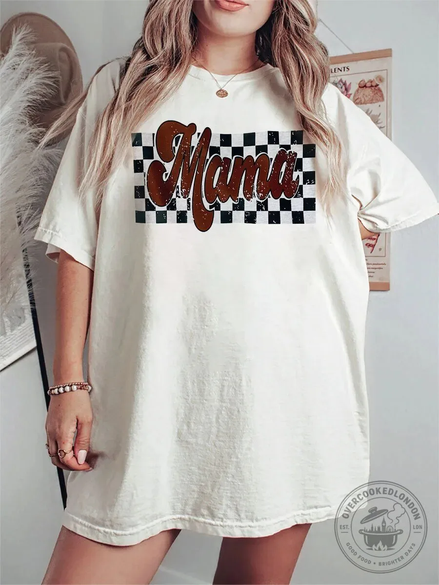Mama G Checkered Pattern Distressed Print Graphic T-Shirt