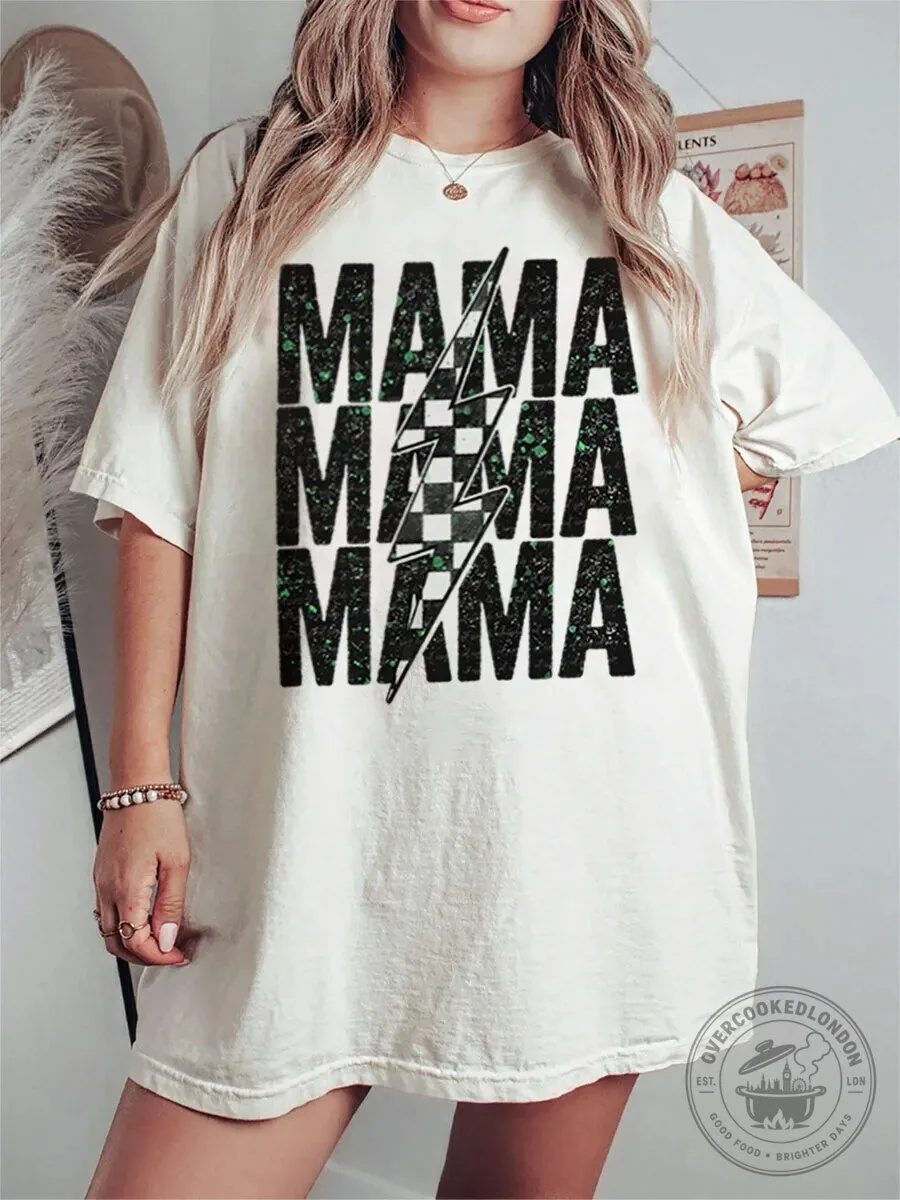 Mama Racing Checkered Flag Lightning Bolt Graphic T-Shirt