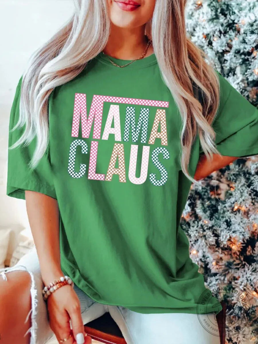 Mama Claus Christmas Holiday Retro Checkered Pattern Green T-Shirt
