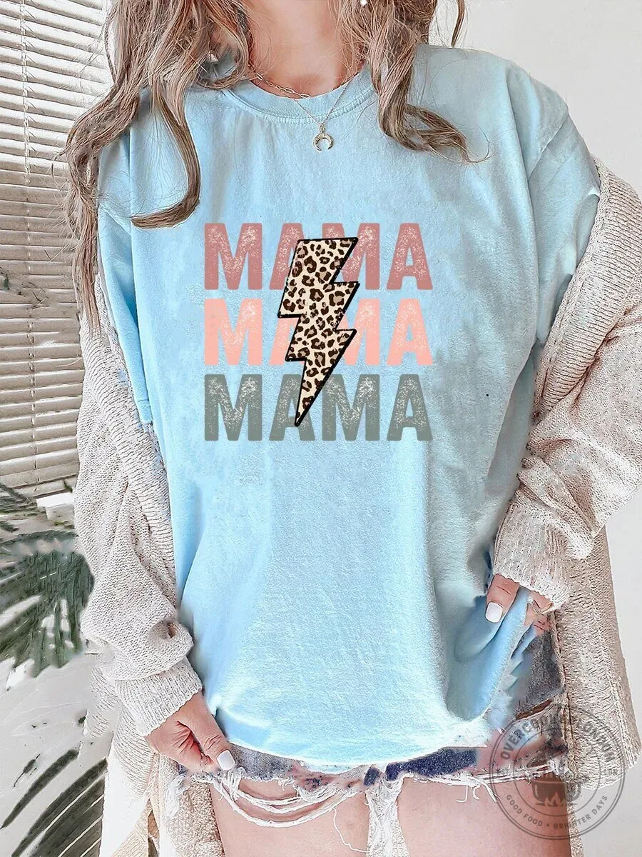 Mama Leopard Lightning Bolt Graphic T-Shirt for Women