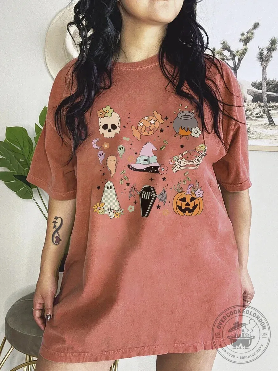 Spooky Cute Halloween Skull Ghost Pumpkin Witch Hat T-Shirt