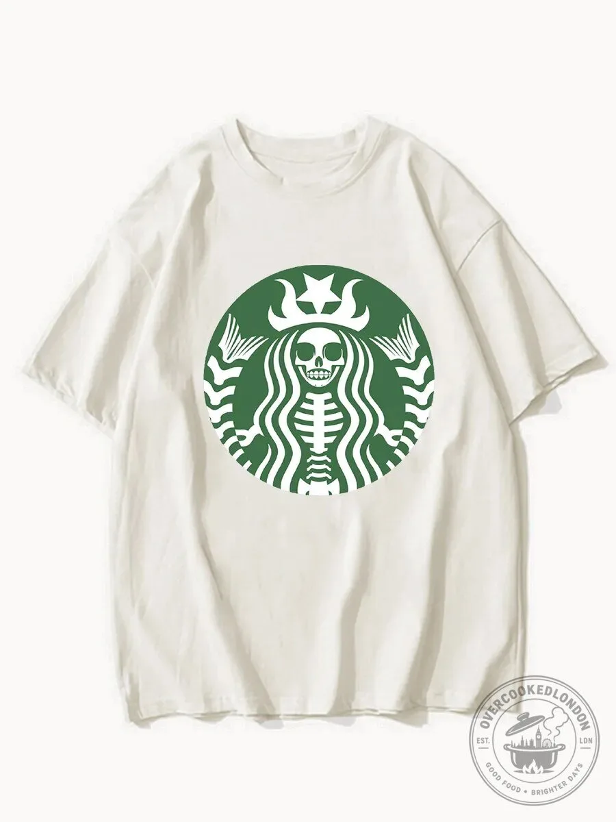 Skeleton Mermaid Coffee Logo Halloween Spooky White T-Shirt